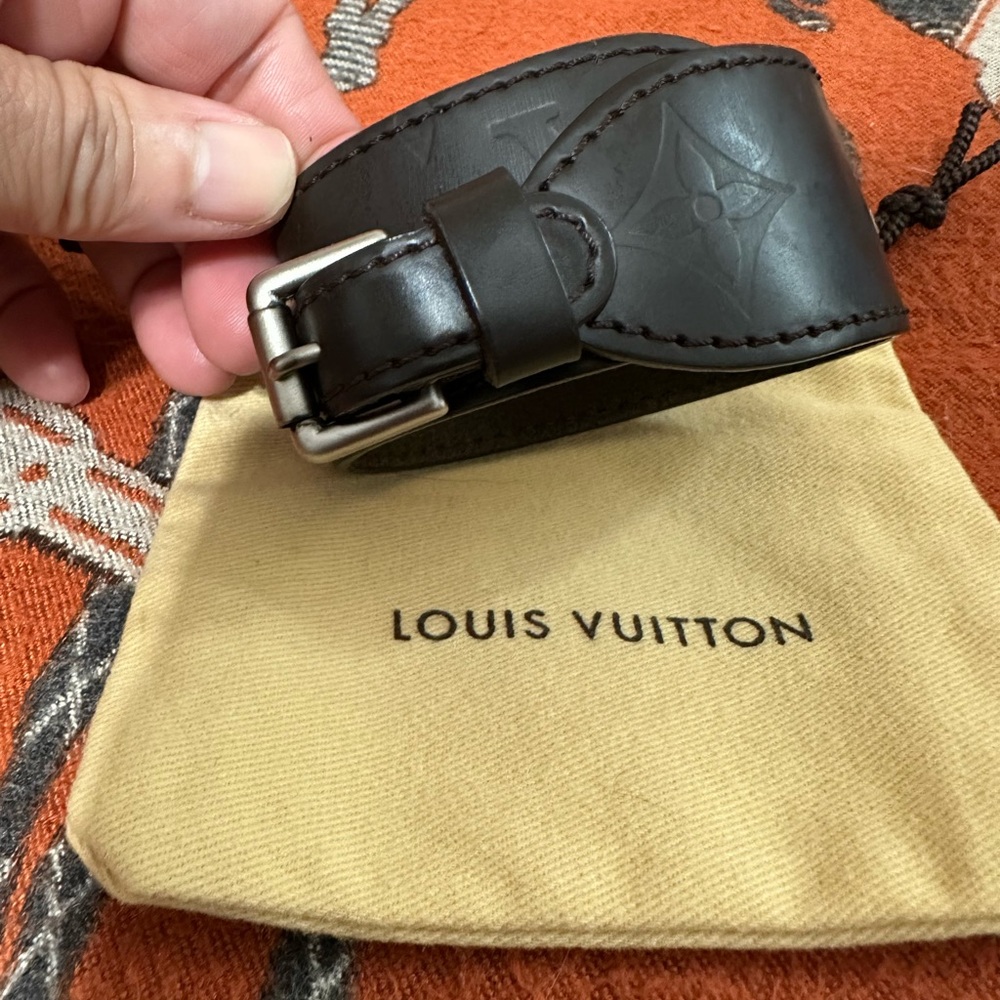 Louis Vuitton Dark Brown Leather Monogram Bracelet with Silver Buckle